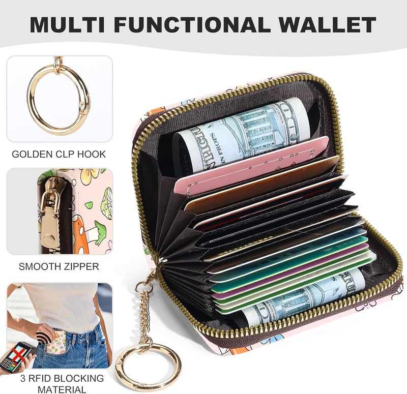 Luoycxy Credit Card Holder for Women,Small Rfid Wallet with Keychain Zipper,Cute PU Leather Card Case Wallet，Accordion Credit Card Wallets Gift,Little Mushroom - Image 2